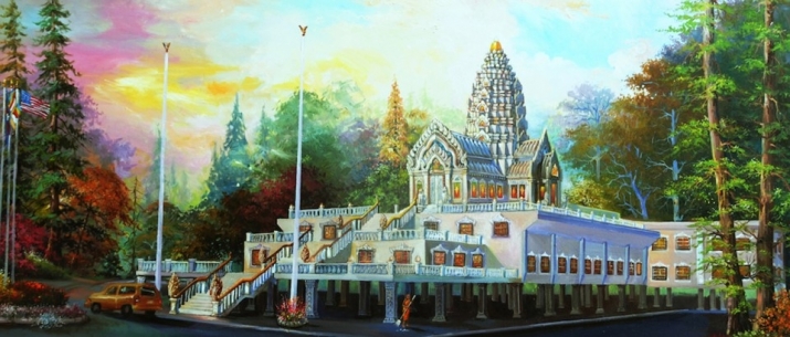 An artist's impression of the planned Buddhist temple. From vattkhmerlowell.org
