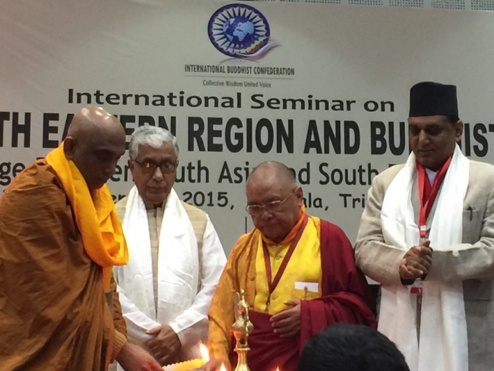 Nepal's minister of tourism and aviation, Ananda Prasad Pokharel, far right, with IBC secretary general Ven. Lama Lobzang, second right, chief minister of Tripura Shri Manik Sardar, second left, and Ven. Ratana Thera, far left, at the IBC seminar in Argatala on 18 December 2015. From Buddhistdoor Global