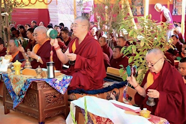 From left: Ven. Khenchen Namdrol, HE Gyang Khang Rinpoche, and Ven. Khenchen Tsewang Gyatso during HH Chatral Rinpoche’s Mahaparinirvana ceremony