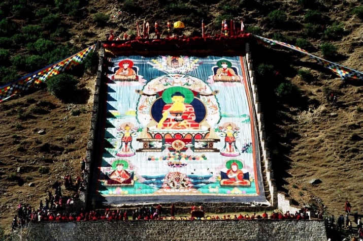 Karma Gadri <i>thangka</i> at Tsurphu Monastery, created by <i>thangka</i> artists Terris and Leslie Nguyen Temple in collaboration with the White Conch factory in Lhasa from 1992–94 and displayed at the annual event of Saga Dawa. From leslienguyentemple.com