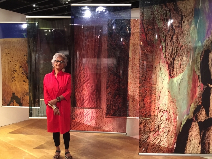 Anoma with her exhibit <i>Earth, Rise within Us</i> at Sotheby’s Hong Kong, 14 April 2016. Image courtesy of Anoma Wijewardene
