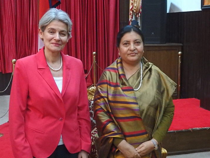 UNESCO Director-General Irina Bokova, left, with the president of Nepal, Bidya Devi Bhandar, in Kathmandu last week. Photo by Cynthia Guttman. From unesco.org