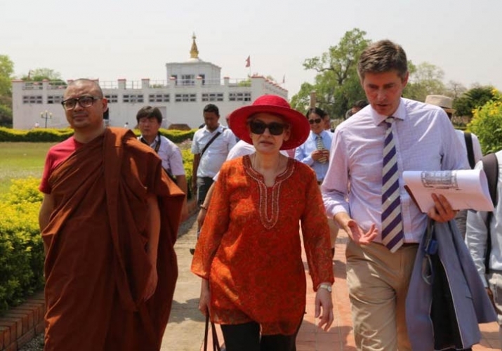 Bokova with Prof. Robin Coningham during the visit to Lumbini's Maya Devi Temple. Photo by Hari Thapa. From unesco.org