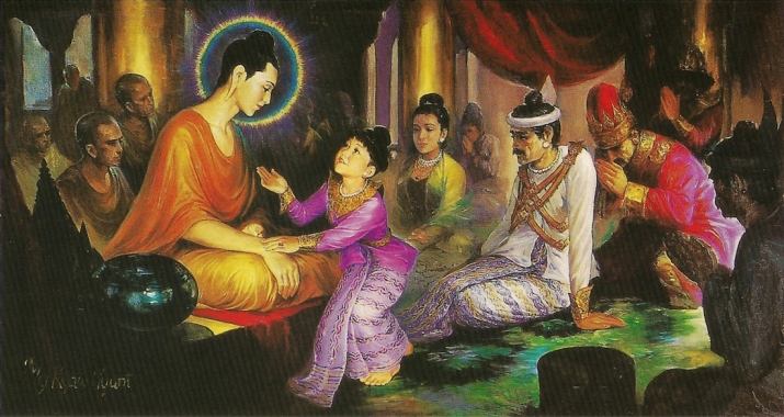 Prince Rahula asks the Buddha for his inheritance after the Buddha returns to his Shakya clan post-Enlightenment. From wikipedia.org