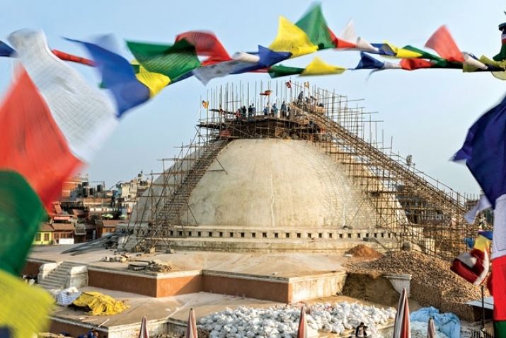 The great Boudhanath Stupa of Kathmandu undergoing repairs and restoration. From ecs.com.np