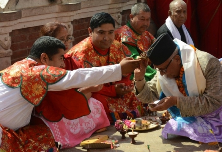 On 25 April, a prayer ceremony was held at the badly damaged Swayambhunath complex in the presence of Nepal’s prime minster, Khadga Prasad Sharma Oli, right, to inaugurate the start of reconstruction work. From dailymail.co.uk