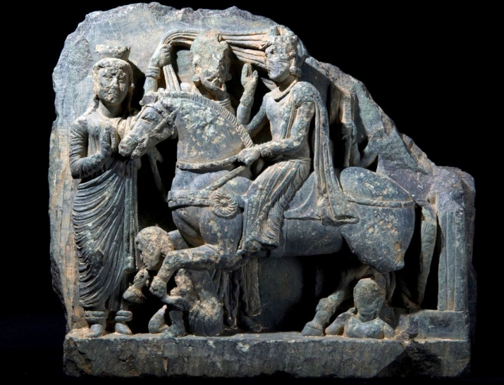 This sculpture, unearthed during excavations of the ancient city of Bazira, illustrates the departure of the young Prince Siddhartha Gautama from his palatial home on his horse Kanthaka. Photo by Aurangzeib Khan. From livescience.com