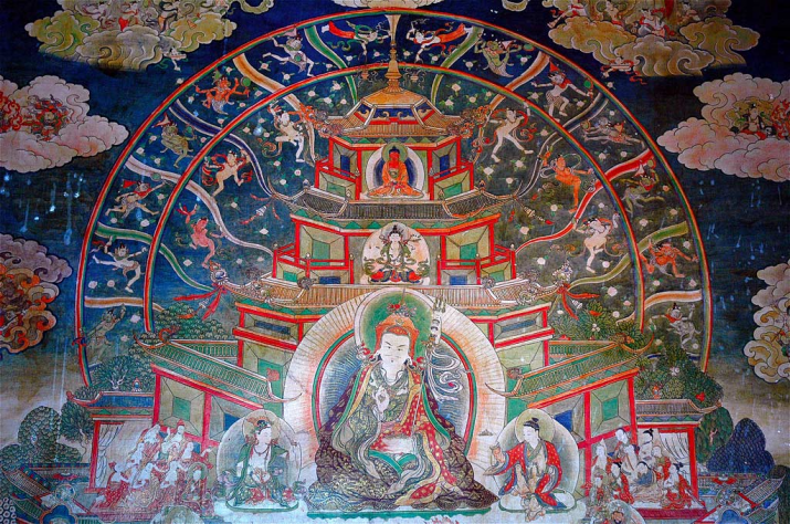 Zangdok Palri, the Copper-colored Paradise, Thangsibi, Bumthang, Bhutan. Mural painting, with Padmasambhava, center, and Ging dancing in the heavens around him. 2004. From Core of Culture