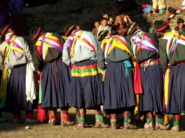 Zhey, 400-year-old militia-training dances absorbed into the lineage tradition of Namkha Samdrup at the Ngang Lhakhang Rabney festival in Nangbi, Bhutan. These dances are performed only by men from one village. Photo by Karin Altmann, December 2006