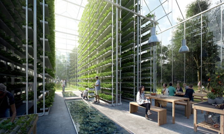 The community will employ high-yield food production through vertical farming utilizing aquaponics and aeroponics. From effekt.dk