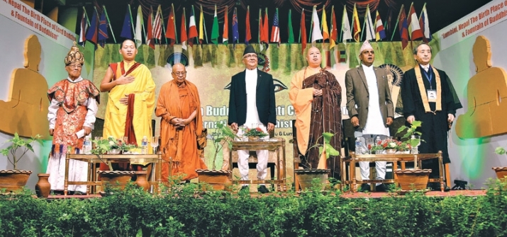 Nepal's prime minister Khadga Prasad Sharma Oli (center) and other dignitaries at the International Buddhist Conference. From asianews.network