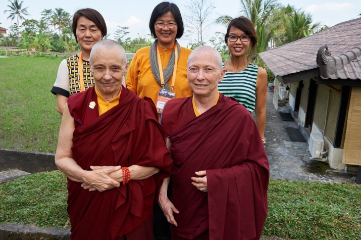Front, from left: Jetsunma Tenzin Palmo, Karma Lekshe Tsomo; back, from left: Dr. Eun-so Cho, Christine Chang (former president of Sakyadhita), Lien Bui (treasurer of Sakyadhita), at the 14th Sakyadhita International Conference, Indonesia, 2015. Photo by Olivier Adam
