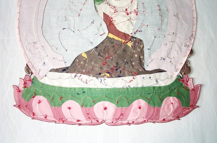Back view of assembled pieces of a Saraswati appliqué <i>thangka</i> by Leslie Rinchen-Wongmo