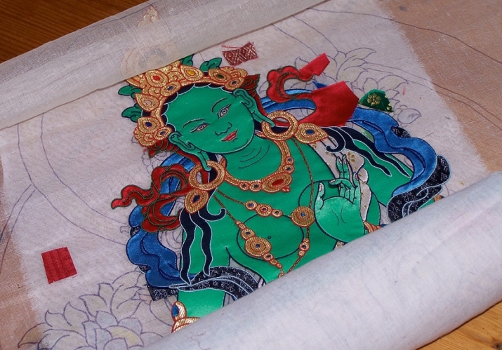 Green Tara appliqué <i>thangka</i> in progress. The documentary film, <i>Creating Buddhas: the Making and Meaning of Fabric Thangkas</i>, follows Leslie Rinchen-Wongmo’s process of creating this <i>thangka</i> from beginning to end.