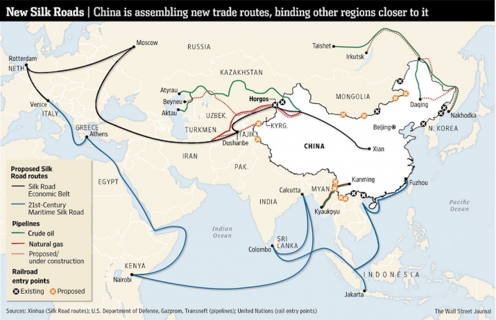 Outline of the geographical trajectory of One Belt, One Road. From wsj.com