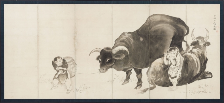 <i> Oxen and Shepherds</i>, by Soga Shohaku (1730–81). Japan, one of a pair of six-panel screens, ink on paper. LACMA, Museum Associates
