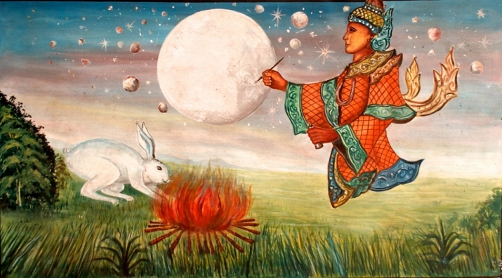 Sakka “daubed the sign of the hare on the orb of the moon” (<i>Jataka</i> 316), Konawin Zedi Pagoda, Sittwe, Myanmar. Modern, painting on metal sheet