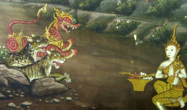 Jungle animals preventing Maddi from witnessing Prince Vessantara giving their children to the wicked Brahmin (<i>Jataka</i> 547). Wat Ket Karam, Chiang Mai, Thailand, modern, painting on glass. Wat Ket Karam Museum