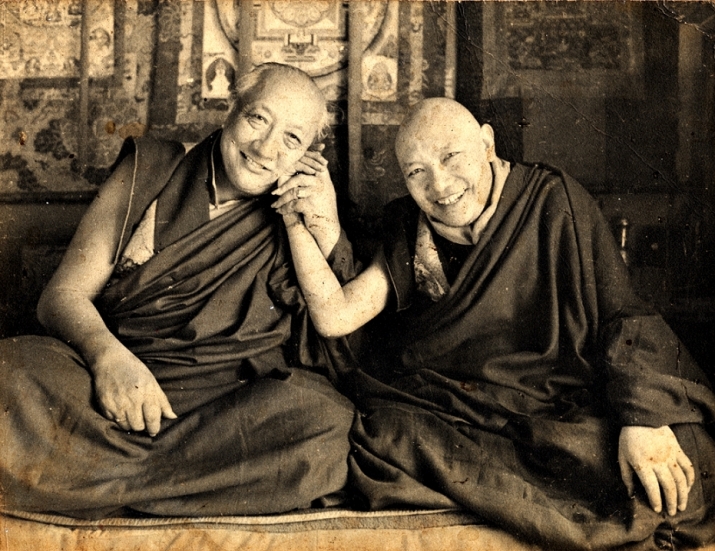 HH Dilgo Khyentse and Trulshik Rinpoche at Shechen Monastery, 1970s. Photo by Marilyn Silverstone