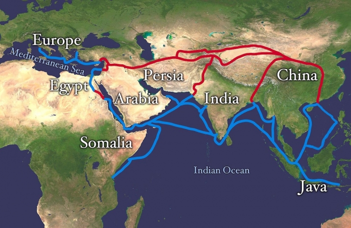 The ancient Silk Road network. Red indicates land routes, while blue represents waterborne routes. From wikipedia.org