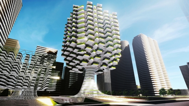 A vertical “skyfarm” housing hundreds of trees and hydroponic crop farms has been proposed for downtown Seoul. From aprilli.com