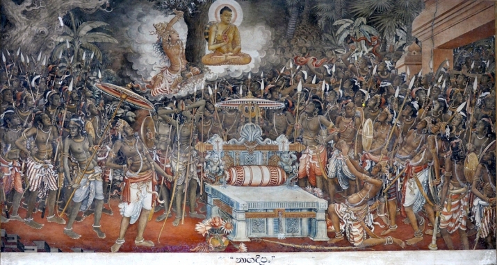 A mural from Kalaniya Temple by Solias Mendis depicting the Buddha reconciling warring tribes on the island of Sri Lanka. Image courtesy of the <i>Sunday Times</i>, Sri Lanka.