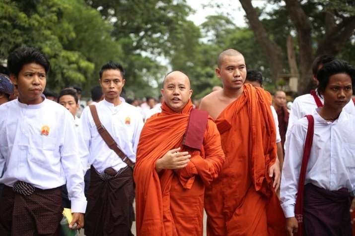 Firebrand monk Ashin Wirathu, center, is rapidly losing political support in Myanmar. From usnews.com