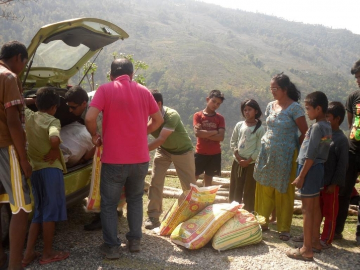EVINS Nepal distributes rice, lentils, cooking oil, salt, and dried soybeans to a small village in Nepal’s Dolakha District, some 100km east of Kathmandu, where most homes were destroyed in last year’s earthquakes. From EVINS Nepal Facebook