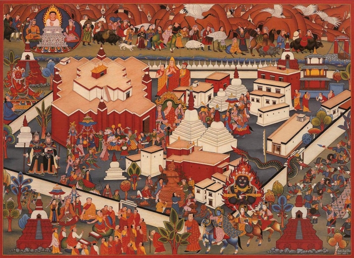 Tholing Monastery, thangka, 20th century, showing the monastery in its heyday before 1600. Tholing was the most important monastery in the Guge Kingdom, and is the oldest in Gnari, Tibet, est. 996 CE. From <i>Records of Tholing, A Literary and Visual Reconstruction of a ‘Mother’ Monastery in Guge</i> by Roberto Vitali, New Delhi, High Asia. 1999