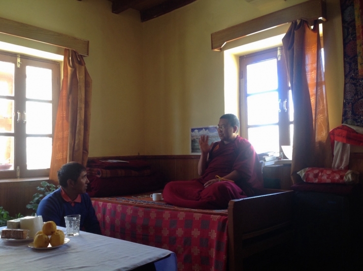 Kanden Rinpoche, the abbot of Tabo Monastery, explains the situation of Cham during the violence in Tibet, to Core of Culture field associate Dechen Lundup, formerly a monk at Tabo. Photo by Konchok Rinchen. From Core of Culture
