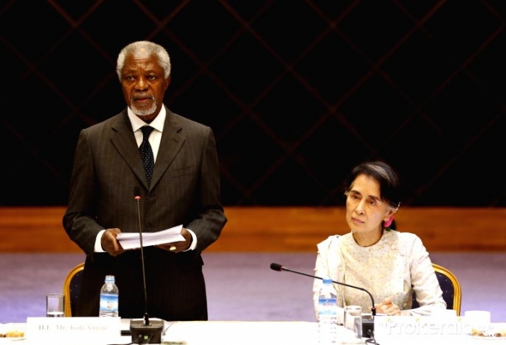Former UN secretary-general Kofi Annan and Myanmar state counselor and foreign minister Aung San Suu Kyi at the first meeting of the Rakhine Advisory Commission on Monday. Photo by Thein Zaw. From prokerala.com