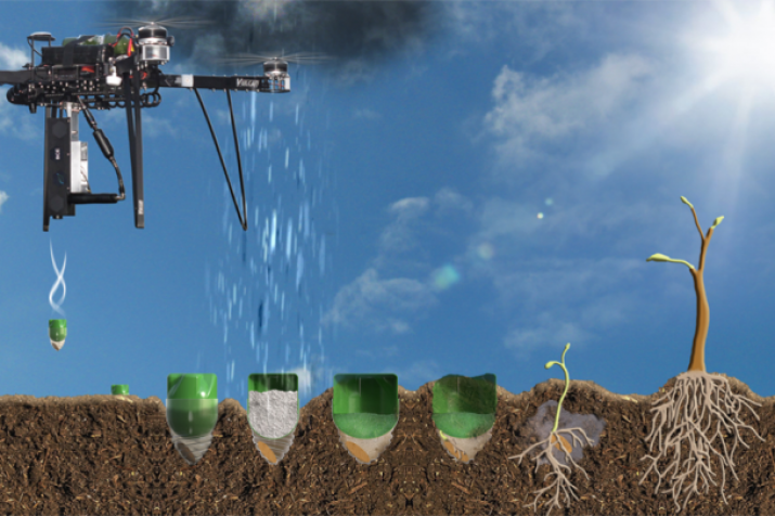 The drones launch germinated tree seeds in biodegradable pods. From biocarbonengineering.com