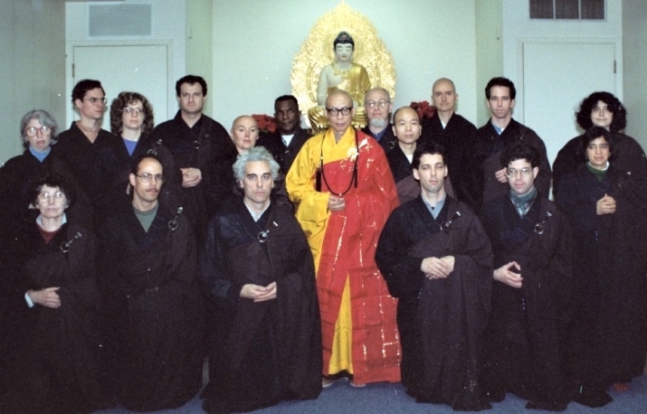 Master Sheng Yen with Western disciples at the first Boddhisattva Precepts Ceremony at the Chan Meditation Center in New York, 1990. Image courtesy of Dharma Drum Cultural Center