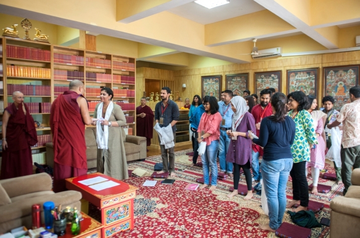 His Holiness the Karmapa meets postgraduate psychology students in Dharamsala on 29 September. From kagyuoffice.org