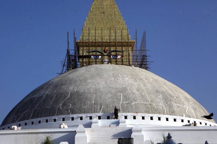 The iconic Boudhanath Stupa in Kathmandu, severely damaged by the 2015 earthquakes, is set to repoen to the public on 22 November. Photo by Niranjan Shrestha. From seattletimes.com