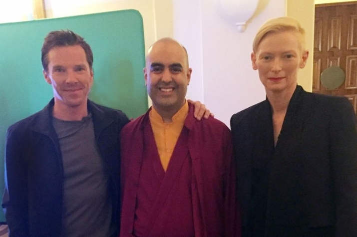 Ven. Gelong Thubten with Benedict Cumberbatch, left, and Tilda Swinton, right. From walesonline.co.uk