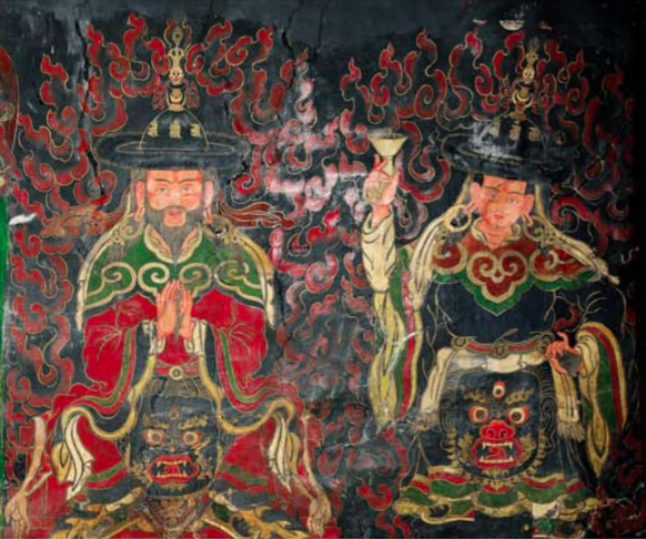 Fig. 7. The <i>umdze</i>, left, and <i>ngey ney</i> performing Back Hat Cham, detail, Goenkhang central mural, c. 1638. Photo by Shuzo Uemoto, 2007. From Core of Culture