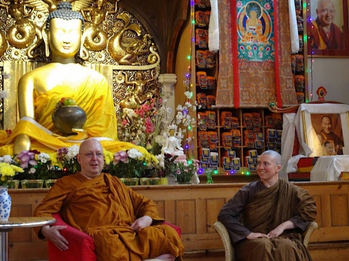 Ajahn Brahm and Ven. Candā at Jamyang Buddhist Centre in London. From Anukampa Bhikkhuni Project