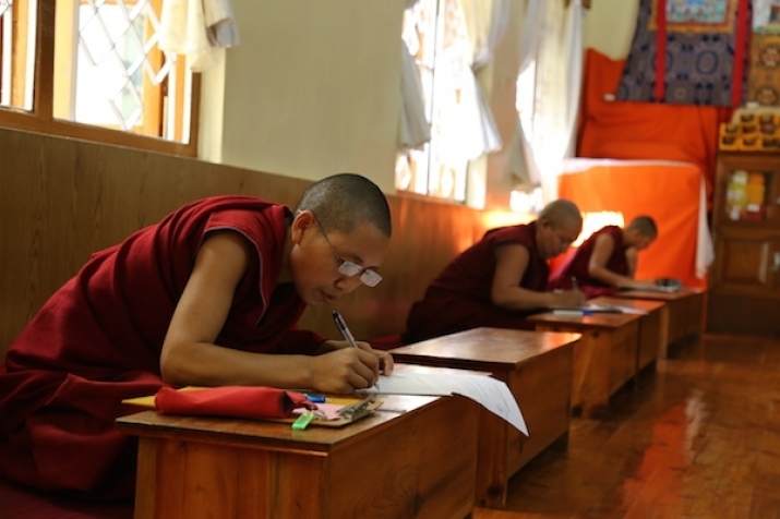 Nuns must take both written and oral exams each year as part of the rigorous four-year Geshema examination process. Photo courtesy of Venerable Delek Yangdron. From tibet.net