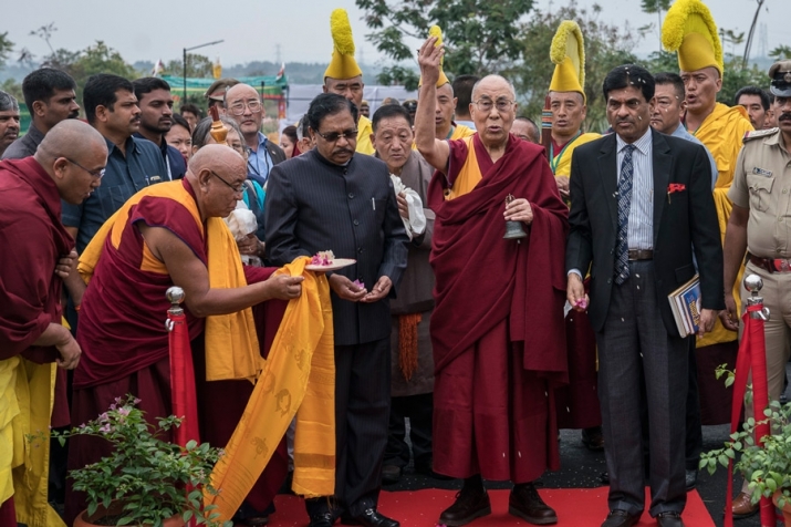 His Holiness is accompanied by Karnataka Home Minister, Dr G. Parmeshwar and University of Mysore Vice-Chancellor K. S. Rangappa. Photo by Tenzin Choejor. From dalailama.com