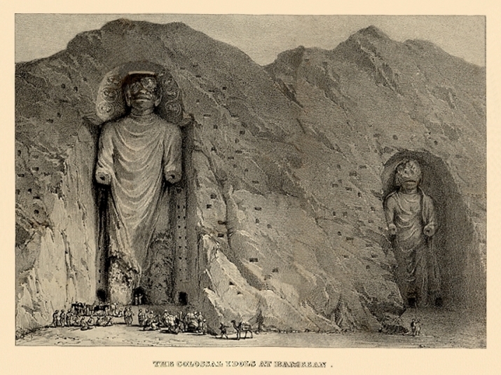 <i>The Colossal Idols at Bameean</i> by Alexander Burnes, 1834, with dark incisions as caves. From columbia.edu