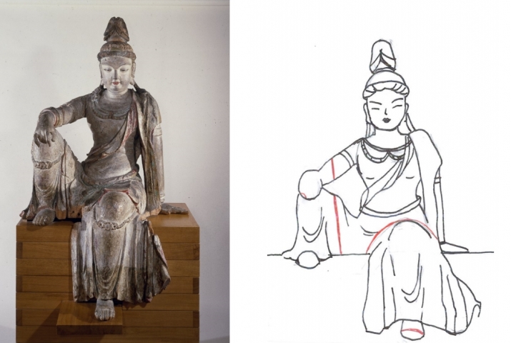 Fig. 6. Avalokitesvara, 170cm, c. 1100–1300. British Museum. From britishmuseum.org. The seams between the individual blocks are visible to the naked eye. Drawing by the author
