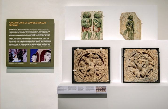 Group of plaques. Below: two unglazed plaques, Mon State, Kyontu, c. 5th or 6th century. Terracotta, approx. 43 x 45 x 14cm. National Museum, Nay Pyi Taw. Above: Bago, 15th or 16th century. Glazed earthenware, Shwegugyi Pagoda, Bago. National Museum, Nay Pyi Taw
