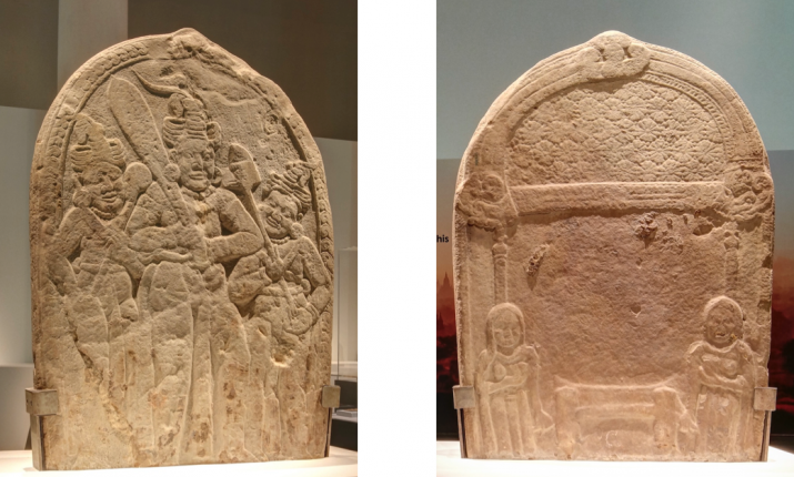 Warrior stele, Sri Ksetra, 4th–6th century, and reverse view, right. Stone, 140 x 95 x 11cm. National Museum, Yangon