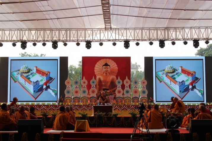 His Holiness Drikung Kagyu Chetsang Rinpoche, founder of the Great Shravasti Buddhist Cultural Assembly, addresses the crowd, presenting designs for the Buddhist Cultural Centre welcoming all Buddhists. November 2016. Image courtesy of the Drikung Kagyu Institute
