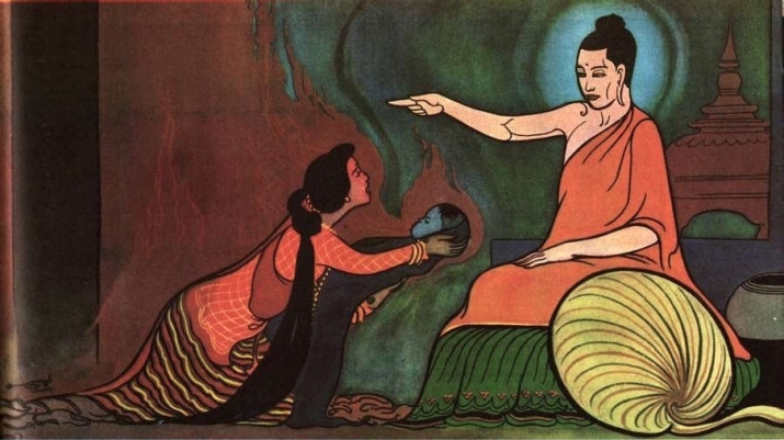 Kisa Gotami appeals to Shakyamuni Buddha. From ariyamagga.net