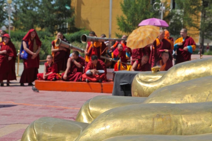 The feet for the 54-meter-tall statue of Maitreya on display during a ceremony at Ganden Monastery in Mongolia. From Grand Meitreya Project Facebook