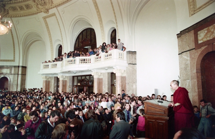 His Holiness the Dalai Lama gives a lecture at Sofia University. Image courtesy of Ivo Hadjimishev