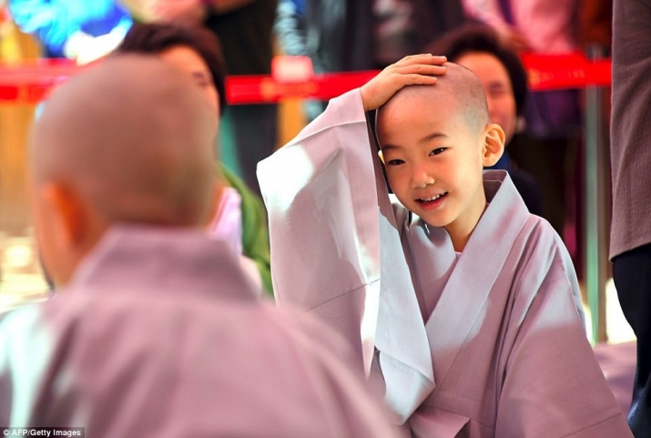 A boy smiles while touching his bald head. From mailonline.com