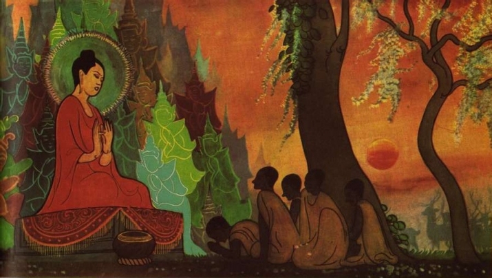 The Buddha gives his first discourse to his five disciples. From saraniya.com